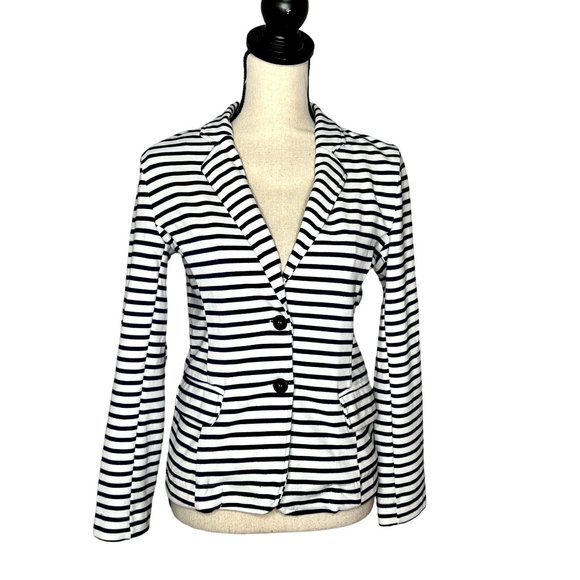 Cynthia Rowley Jackets & Blazers - Cynthia Rowley White Navy Blue Striped Cotton-Blend Two Button Blazer Size S